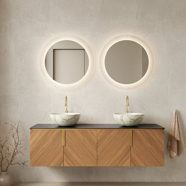 English Elm Dina 60 Inch Floating Bathroom Vanity Sintered Stone Top Dual Glass Basins Wood Grain W2615S00548