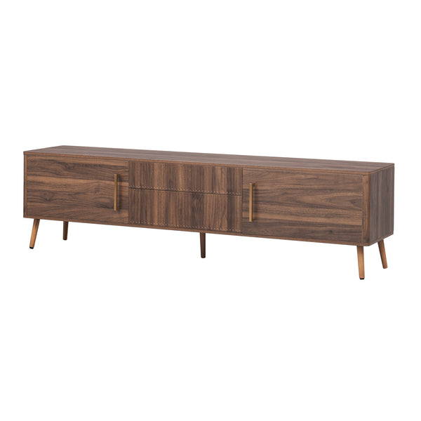 English Elm Mid Century TV Stand Walnut Finish with 2 Drawers, Cable Management, Solid Wood Legs, 80'' Safe Storage and Style N710P222772P