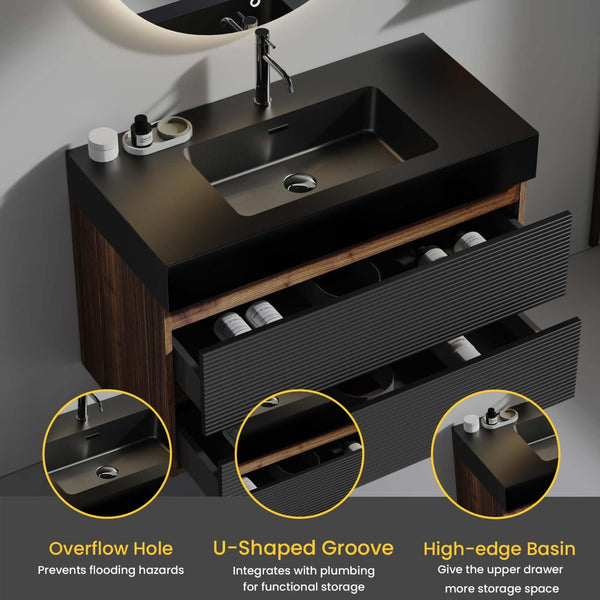 English Elm Grace 36" Walnut Bathroom Vanity With Matte Black Sink & Soft-Closing Drawers For Modern Elegance W1865S00087-GIGA