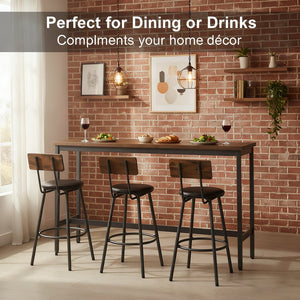 English Elm Bar Table Set with 3 Pu Leather Stools Industrial Steel Frame Rustic Dining Nook W3204P428249
