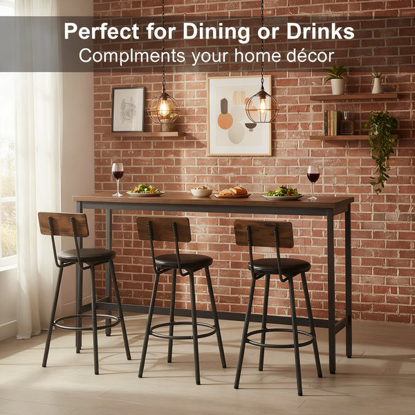 English Elm Bar Table Set with 3 Pu Leather Stools Industrial Steel Frame Rustic Dining Nook W3204P428249