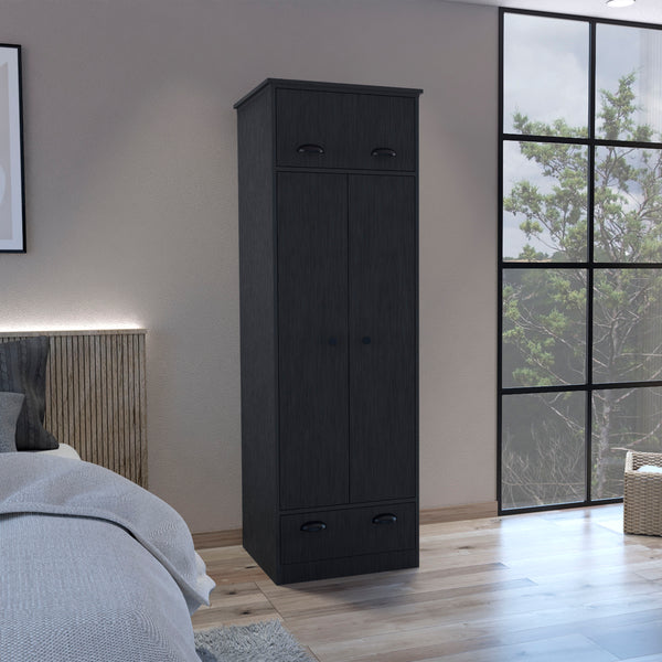 English Elm Falkland Armoire with Spacious Double-Door Storage, Hanging Rod, Upper Hinged Drawer & Chic Handles Black 73 L x 24 W x 3 H B200S00369