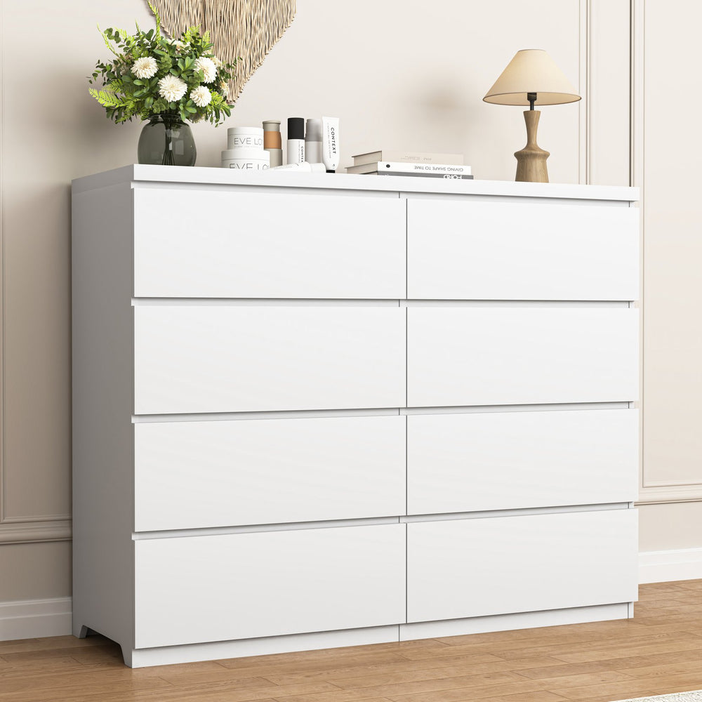 English Elm 8 Drawer Tall Chest Slim Particleboard Build Smooth Gliding Storage for Bedroom Closet White W409S00030