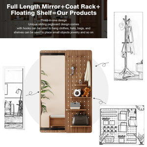 English Elm 47.6 Inch Sliding Full Length Mirror with Hidden Rubber Wood Storage Panel for Bedroom W2987P289181