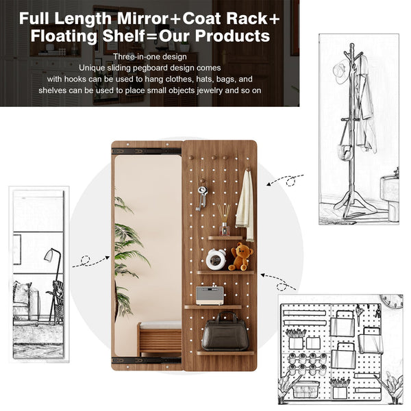 English Elm 47.6 Inch Sliding Full Length Mirror with Hidden Rubber Wood Storage Panel for Bedroom W2987P289181