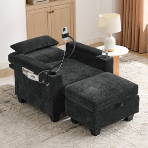 English Elm Single Chenille Manual Recliner with Usb Port Hidden Storage Ottoman and Cup Holders Black W487P423649