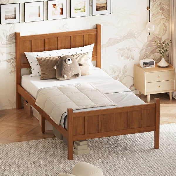 English Elm Twin Platform Bed Vertical Slat Headboard Farmhouse Shaker Wood Grain Finish Bedroom Walnut N733P422478D