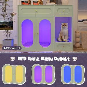 English Elm Cat Litter Box Cabinet with Led Lighting Acrylic Doors and Drawer Storage End Table Green N704P402444F