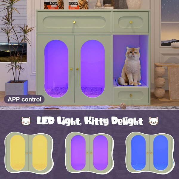 English Elm Cat Litter Box Cabinet with Led Lighting Acrylic Doors and Drawer Storage End Table Green N704P402444F
