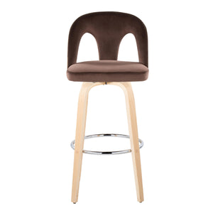 English Elm Fixed-height Swivel Barstools Velvet Seat Bentwood Legs Chrome Footrest Set of 2 B202S02154