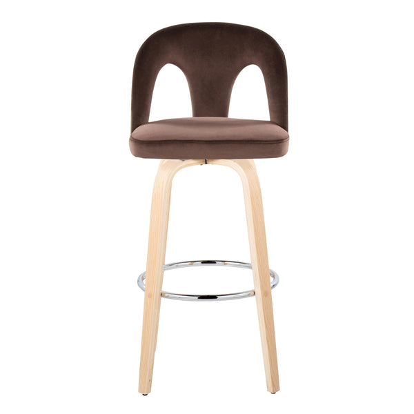 English Elm Fixed-height Swivel Barstools Velvet Seat Bentwood Legs Chrome Footrest Set of 2 B202S02154