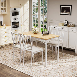 English Elm Dining Set for Four with Steel Frame Chairs and Particleboard Top Industrial Kitchen Natural,White W1162P430309