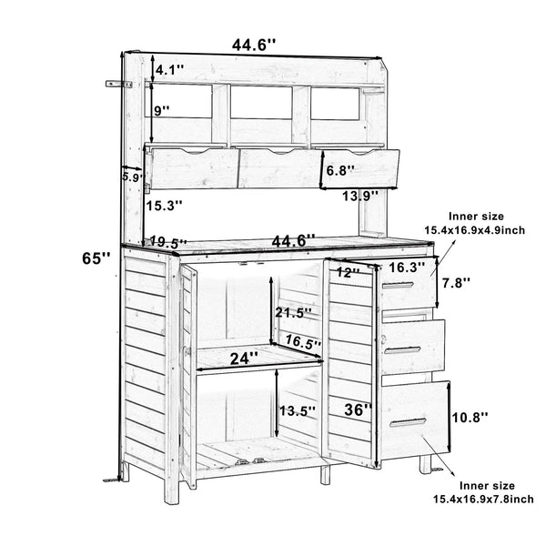 English Elm (with Hutch) Topamx Solid Fir Potting Bench Patio Workstation Spice Rack Drawer Natural Wood N717P404331A