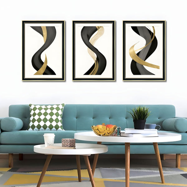 English Elm Set Of 3 Black And Gold Abstract Prints – Modern Luxury Framed Wall Art For Living Room & Bedroom T3976P383232-GIGA