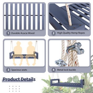 English Elm TOPMAX Twin Size Porch Swing Bed Crafted from Durable Acacia Wood with 400lb Capacity and Hemp Ropes Gray N717P210135E