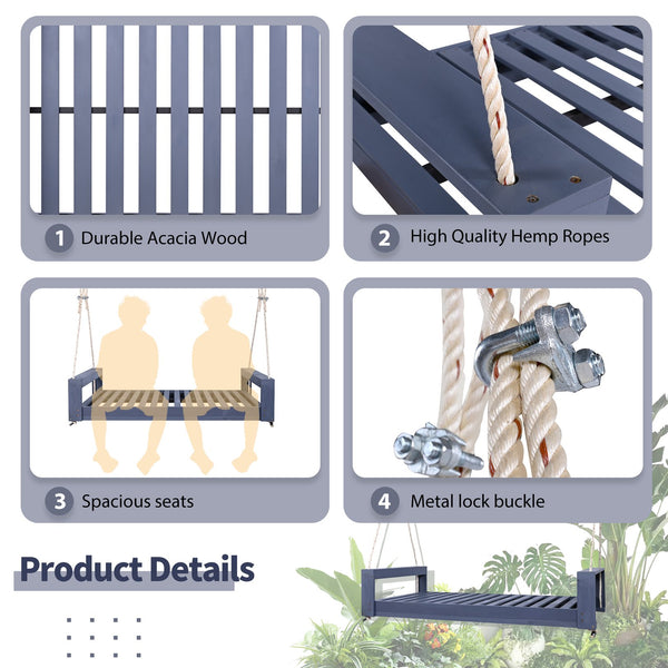 English Elm TOPMAX Twin Size Porch Swing Bed Crafted from Durable Acacia Wood with 400lb Capacity and Hemp Ropes Gray N717P210135E