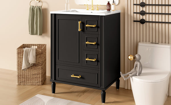 English Elm 24" Olive Bathroom Vanity Solid Wood Frame Ceramic Sink Gold Hardware Soft Close Black N729P373272B