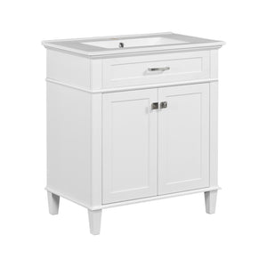 English Elm 30-inch bathroom vanity with ceramic basin, solid wood frame, soft-close doors and adjustable shelves for organized style and lasting durability White N729P173380K