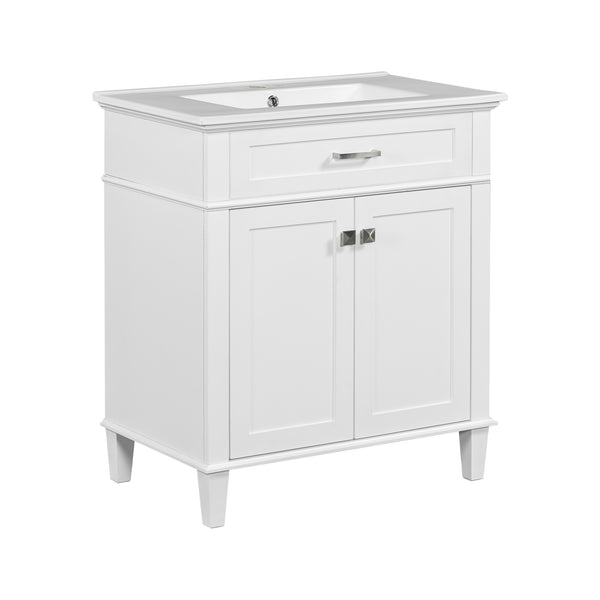 English Elm 30-inch bathroom vanity with ceramic basin, solid wood frame, soft-close doors and adjustable shelves for organized style and lasting durability White N729P173380K