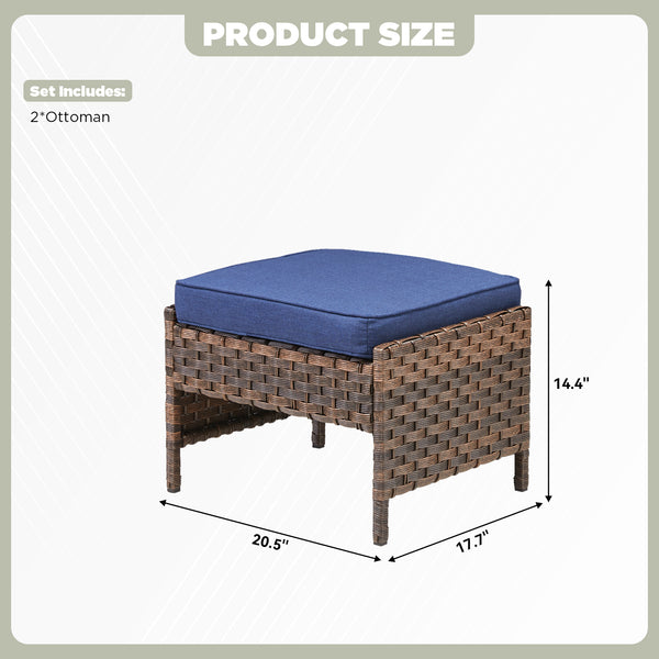 English Elm Outdoor Handwoven Pe Wicker Ottoman Set Rust Resistant Patio Footrests with Cushions Blue T3773P417377