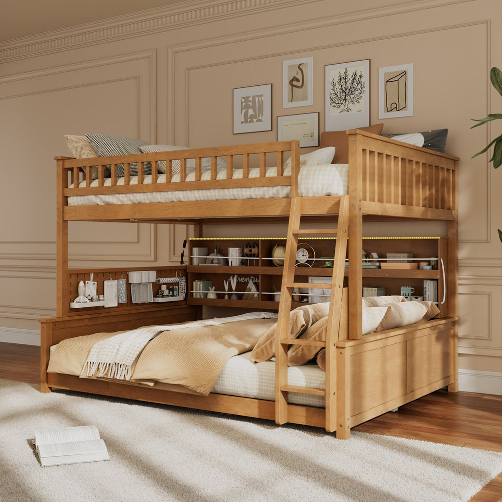 English Elm Full Xl Over Queen Bunk Bed Pinewood Frame with Led Lights Shelving Pegboard Brown LT000279AAP