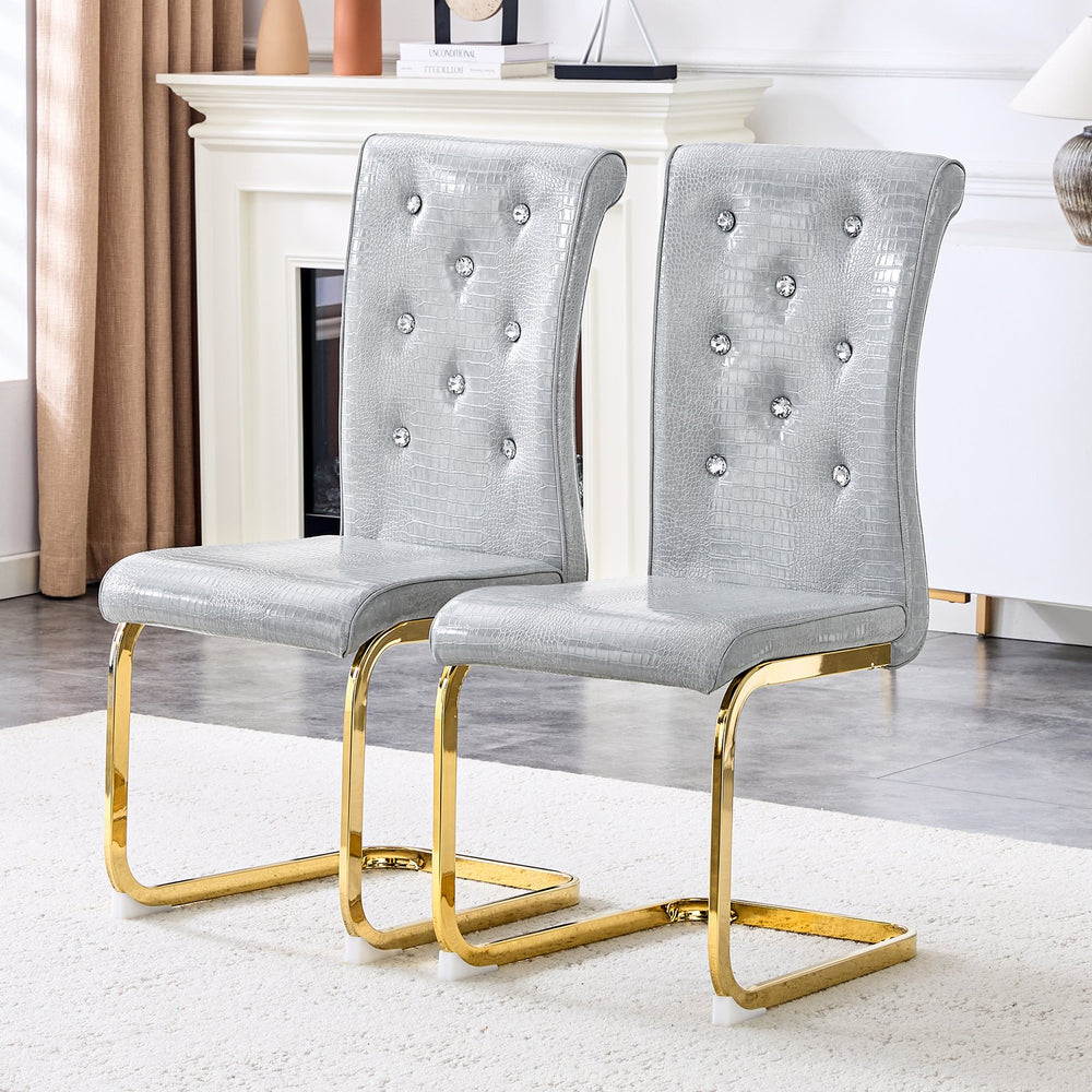English Elm Set of 2 Glam Faux Alligator Pvc Dining Chairs with Crystal Buckle Bow Legs Gray W3875P371040