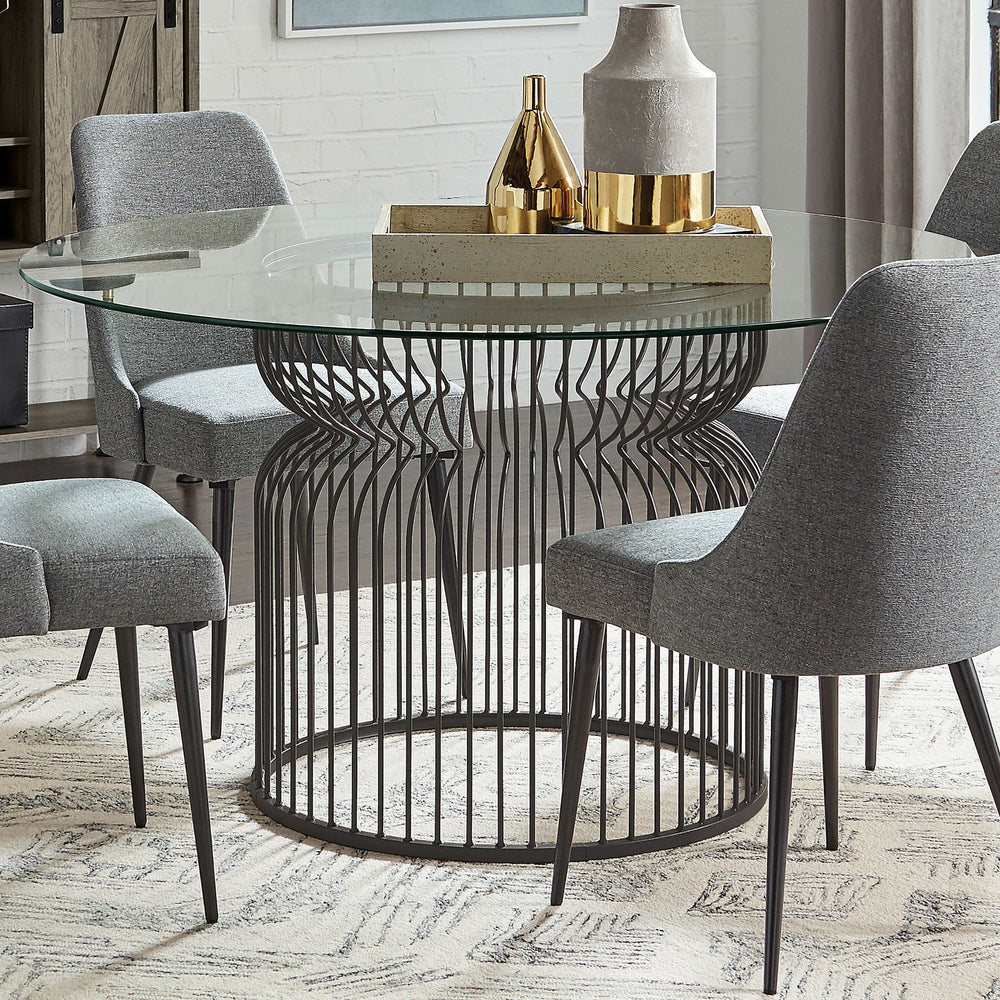 English Elm Gunmetal Round Dining Table with Cage Base and Beveled Tempered Glass Top Seats Five B062S01825