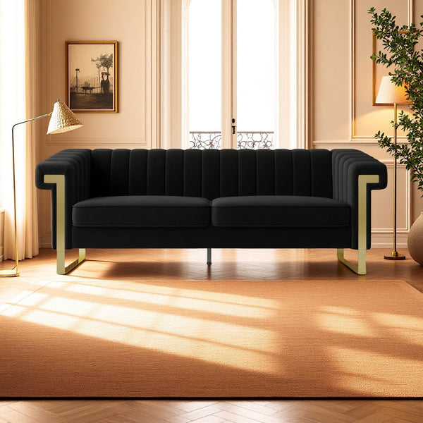 English Elm FX-P81-BK2 Modern Chesterfield Sofa Velvet Upholstery with Gold Metal Legs and Channel Tufting Elegance Black W576S00096