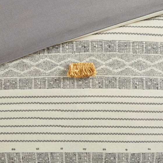 English Elm Full/Queen Cody 3 Piece Cotton Duvet Cover Set with Grey & Yellow Stripes, Pompoms, OEKO-TEX Safety B035129130