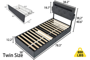 English Elm Twin Storage Platform Bed with Rgb Led Headboard Usb Charging and Four Drawers W1960P175562