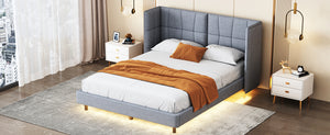 English Elm Queen Upholstered Platform Bed with LED Lights, U-Shaped Headboard, Linen Fabric, Sturdy Metal Legs Gray SF000151AAE