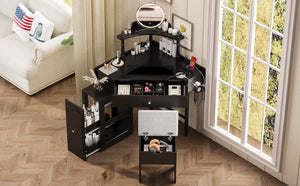 English Elm Corner Vanity Desk Set with Stool Charging Station Glass Top Pull-Out Cabinet Jewelry Organizer Black 35.82 L x 32 W x 8 H N733P336237B