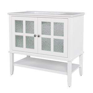 English Elm Christopher Knight Home® - 36" Bathroom Vanity with Ceramic Sink, Solid Wood Legs, Waterproof Finish, Soft-Close Hinges, Open Shelf, Silver Knobs White N817P286249W