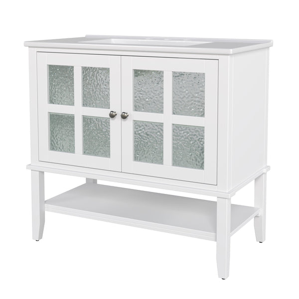 English Elm Christopher Knight Home® - 36" Bathroom Vanity with Ceramic Sink, Solid Wood Legs, Waterproof Finish, Soft-Close Hinges, Open Shelf, Silver Knobs White N817P286249W