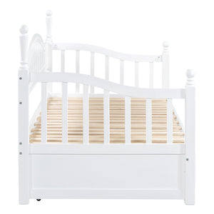 English Elm Wooden Twin Daybed with Trundle and Two Storage Drawers, Solid MDF Frame, Guardrails for Safety and Style White 43.5 L x 24.75 W x 6 H N733S173459K