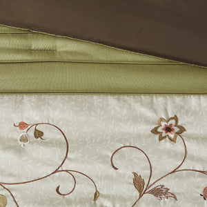 JLA Home Madison Park - Embroidered 7-Piece Comforter Set with Dupioni Sheen, Color-Blocked Taupe & Chocolate Accents, Floral Embroidery Green MP10-636