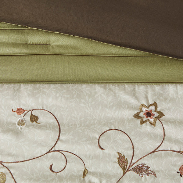 JLA Home Madison Park - Embroidered 7-Piece Comforter Set with Dupioni Sheen, Color-Blocked Taupe & Chocolate Accents, Floral Embroidery Green MP10-636