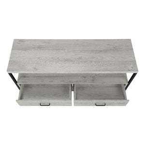English Elm Tv Stand 48 Inch Console Media Center with Black Metal Frame, Two Drawers & Open Shelves for Compact Living Spaces Grey 52 L x 18 W x 7 H B2710P221333
