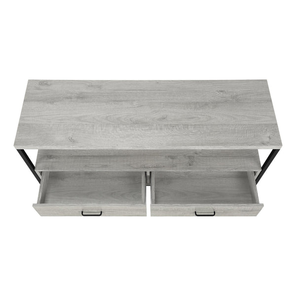 English Elm Tv Stand 48 Inch Console Media Center with Black Metal Frame, Two Drawers & Open Shelves for Compact Living Spaces Grey 52 L x 18 W x 7 H B2710P221333