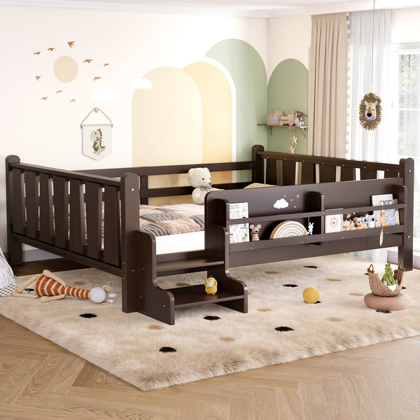 English Elm Twin Pine Floor Bed for Kids with Side Bookcases Built-in Stairs and Safety Guardrails Espresso W1580P390226