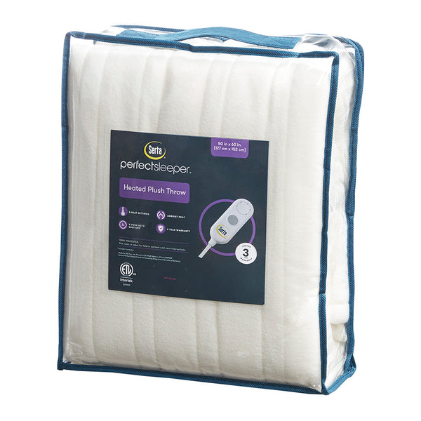 JLA Home Serta - Heated Plush Sherpa Throw with 5 Heat Settings, 3-Hour Auto Shut-Off, Machine Washable Comfort Ivory ST54-0080