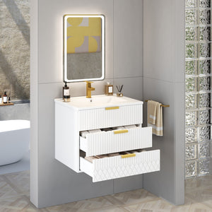 English Elm 24inch Bathroom Vanity with Ceramic Basin Sink, Wall-Mounted Double Drawer Cabinet for Small Baths White N710P324097K