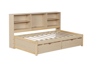 English Elm Twin Storage Bed with Bookcase Headboard Built-in Usb Charging and Two Drawers Natural W697S00038