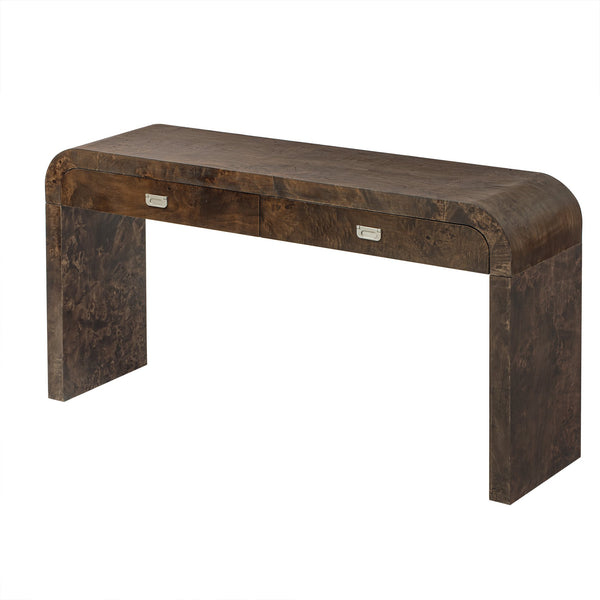 English Elm U_style Burl Veneer Console Table with Two Drawers for Foyer Living Room Hallway Dark Brown N711P216235P