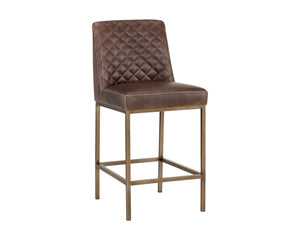 Sunpan Leighland Classic Barstool with Antique Brass Frame and Diamond-Stitched Faux Leather Upholstery Havana Dark Brown