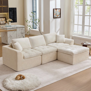 English Elm 110" Chenille Cloud Sectional Sofa Modular L-shape Deep Seat with Convertible Ottoman Beige W1521S00087