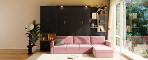 English Elm Queen Murphy Wall Bed with Velvet Sofa Built in Shelves Cabinets and Reading Lights Black LP000393AAB