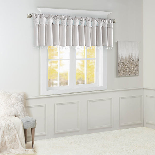 JLA Home Madison Park - Lightweight Faux Silk Valance with Beaded Hem, Lined Twist-Top Drapery for Privacy & Elegance Silver MP41-6330