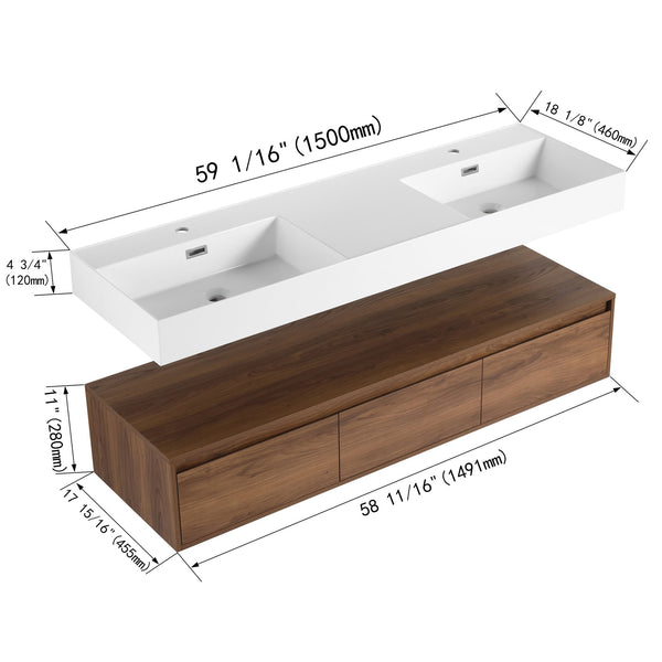 English Elm 60 Inch Wall-Mounted Bathroom Vanity With Dual Resin Sinks, Soft-Close Drawers & Modern Elegance W999S00259
