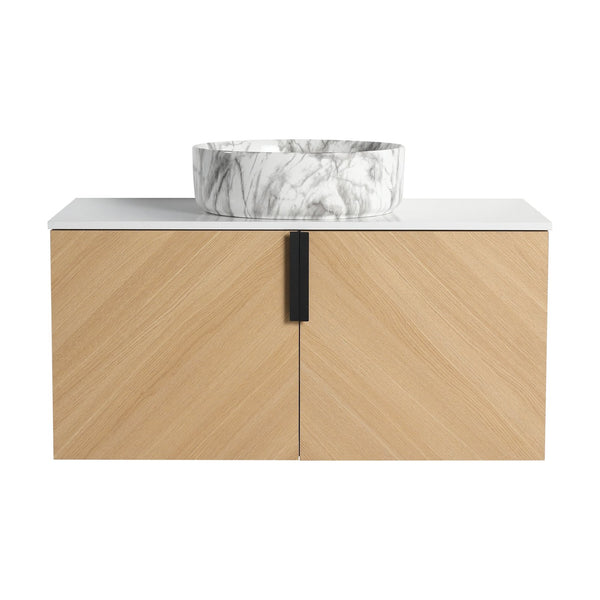 English Elm 36" Modern Wall-Mounted Bathroom Vanity With Soft-Close Doors, Ceramic Sink & Durable Oak Finish W999S00451